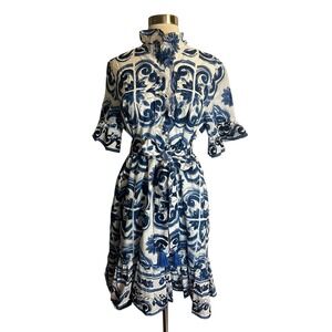 Uncle Frank Tile Pattern Dress Size Small Blue White Ruffle Collar Belted